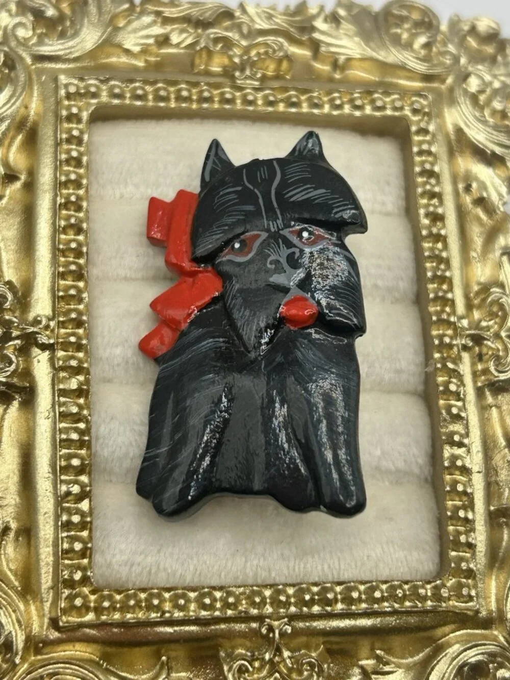 Scottish Terrier Brooch Carved Wood Hand Painted Scottie Dog Pin Red Bow Art Fun